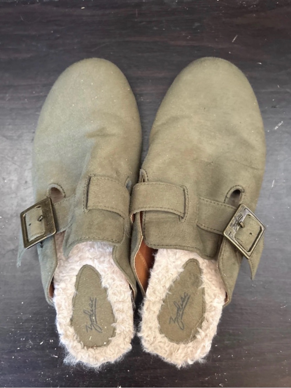 Zodiac Olive Green Suede Buckle Mules with Shearling Lining 8